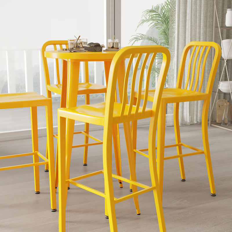 Evelyne 5 Piece Outdoor Dining Set with 24" Round Table and 4 Slatted Back Bar Stools with Footrests