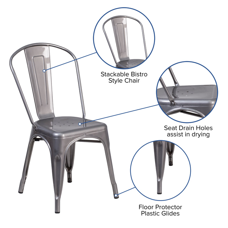 Powder Coated Metal Stacking Dining Chair with Clear Coat Finish and Plastic Floor Glides for Indoor Use