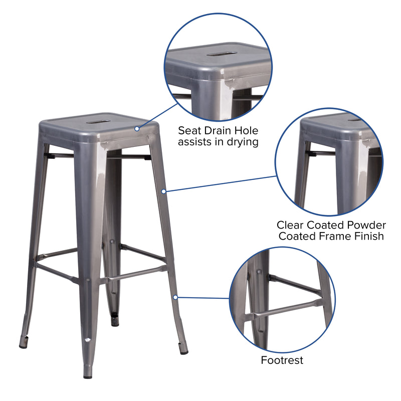 Atlas Series Backless 30" Bar Height Dining Stool with Clear Coated Metal Frame for Indoor Use
