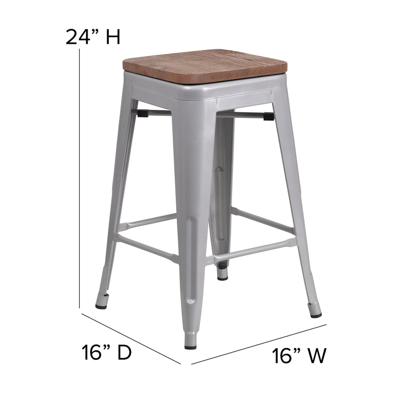 Newark Series 24" High Backless Metal Counter Height Stool with Square Seat for Indoor-Outdoor Use