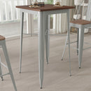 Modern 23.5" Square Metal Table with Rustic Walnut Finished Wood Top for Indoor Use