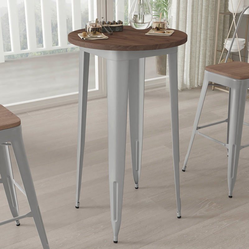 24" Round Metal Indoor Bar Height Table with Galvanized Steel Frame and Walnut Rustic Wood Top