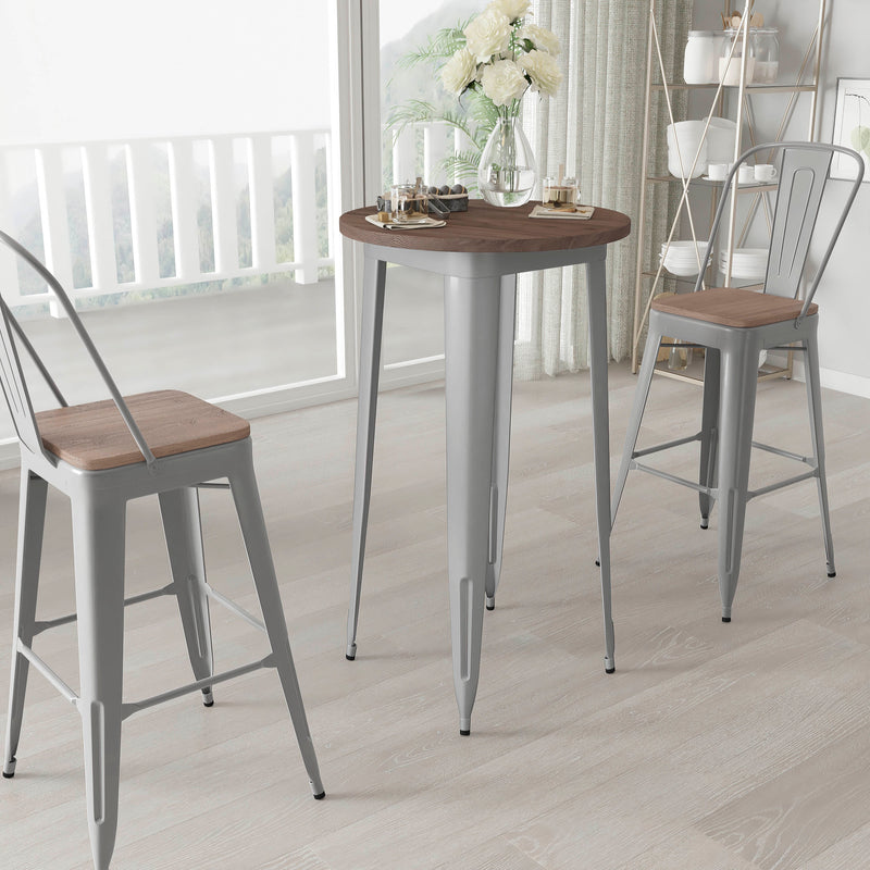 24" Round Metal Indoor Bar Height Table with Galvanized Steel Frame and Walnut Rustic Wood Top