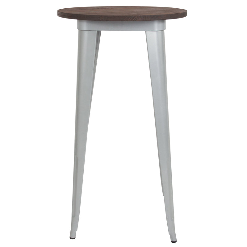 24" Round Metal Indoor Bar Height Table with Galvanized Steel Frame and Walnut Rustic Wood Top