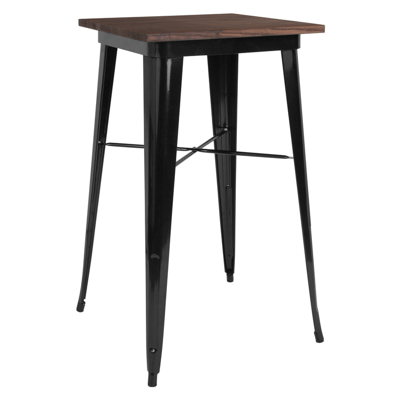 Modern 23.5" Square Metal Table with Rustic Walnut Finished Wood Top for Indoor Use