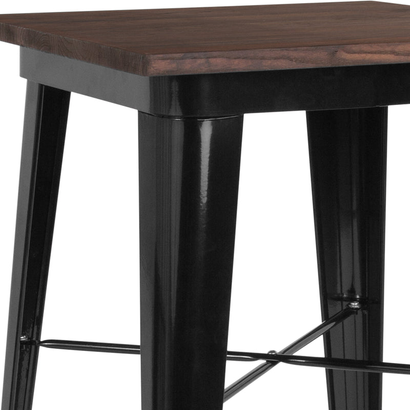 Modern 23.5" Square Metal Table with Rustic Walnut Finished Wood Top for Indoor Use
