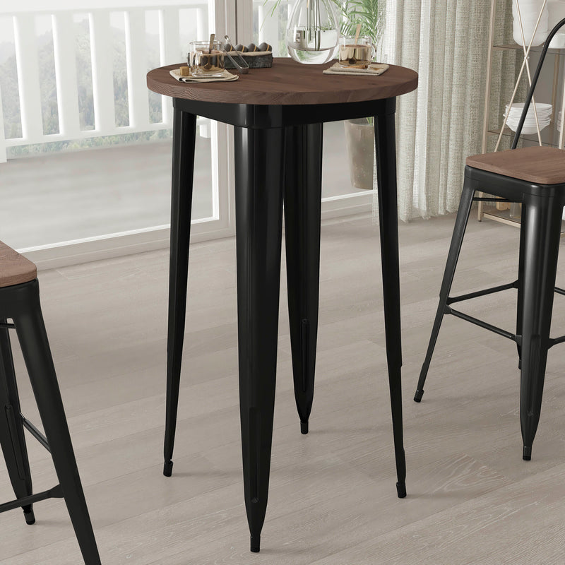 24" Round Metal Indoor Bar Height Table with Galvanized Steel Frame and Walnut Rustic Wood Top
