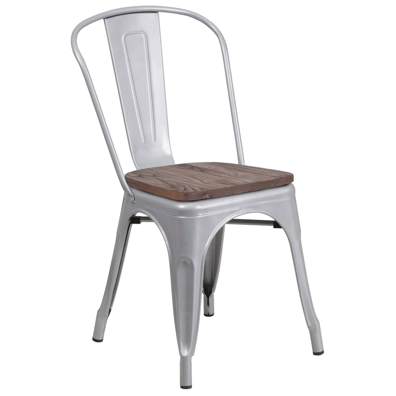 Amsterdam Metal Dining Chair With Curved Vertical Slatted Back And Textured Wooden Seat