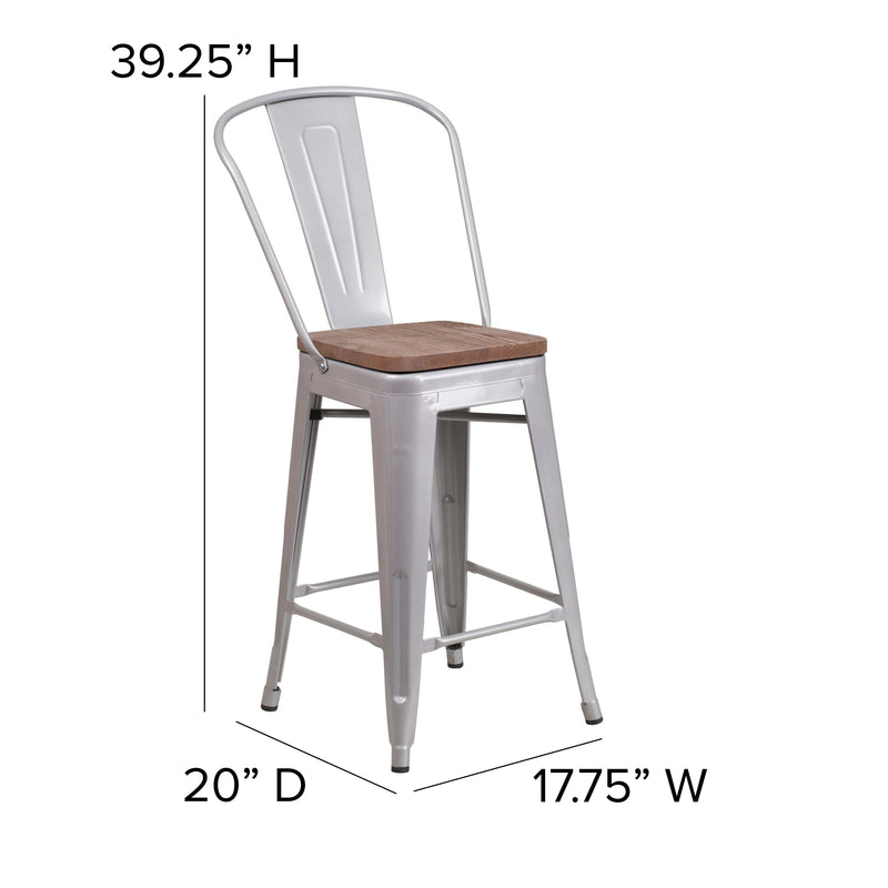 Donnely 24" Tall Metal Counter Height Dining Stool with Curved Slatted Back and Textured Wood Seat