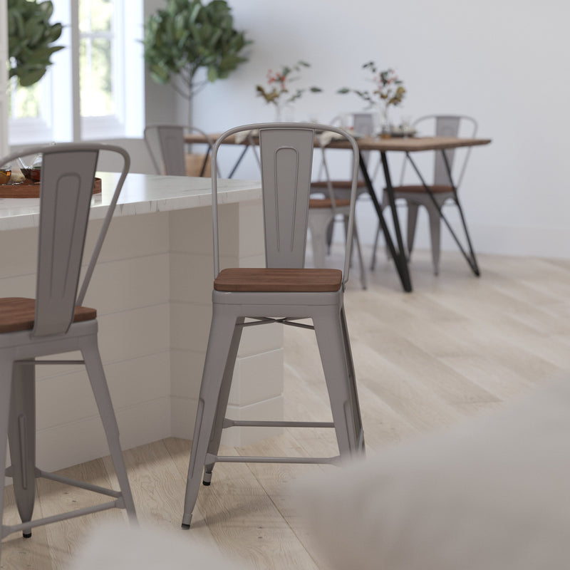 Donnely 24" Tall Metal Counter Height Dining Stool with Curved Slatted Back and Textured Wood Seat