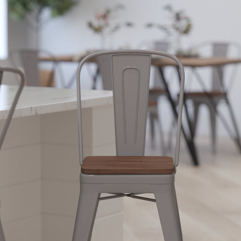 Donnely 24" Tall Metal Counter Height Dining Stool with Curved Slatted Back and Textured Wood Seat