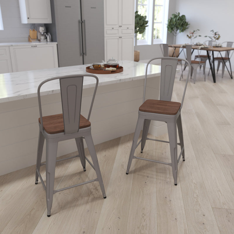 Donnely 24" Tall Metal Counter Height Dining Stool with Curved Slatted Back and Textured Wood Seat