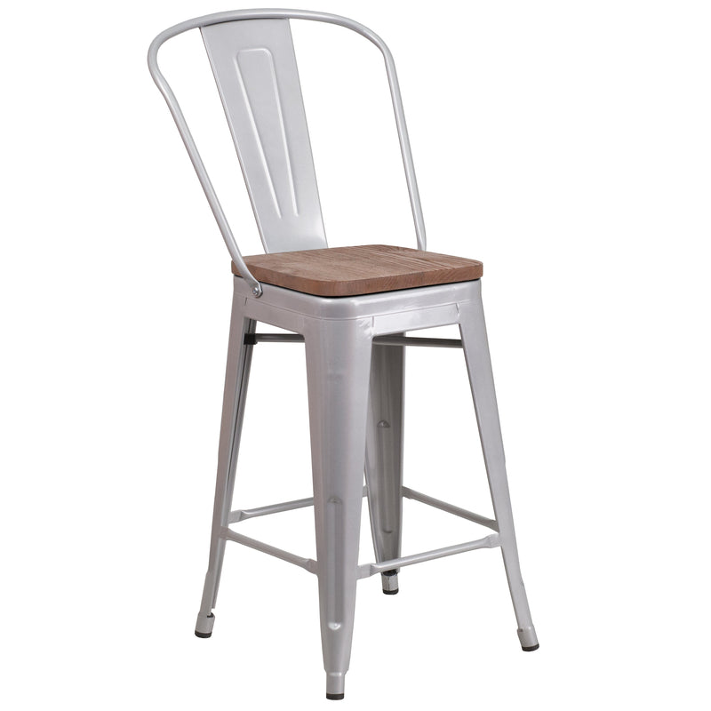 Donnely 24" Tall Metal Counter Height Dining Stool with Curved Slatted Back and Textured Wood Seat