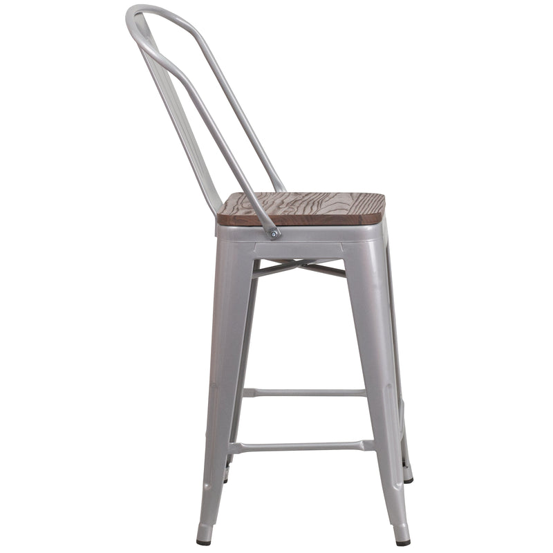 Donnely 24" Tall Metal Counter Height Dining Stool with Curved Slatted Back and Textured Wood Seat