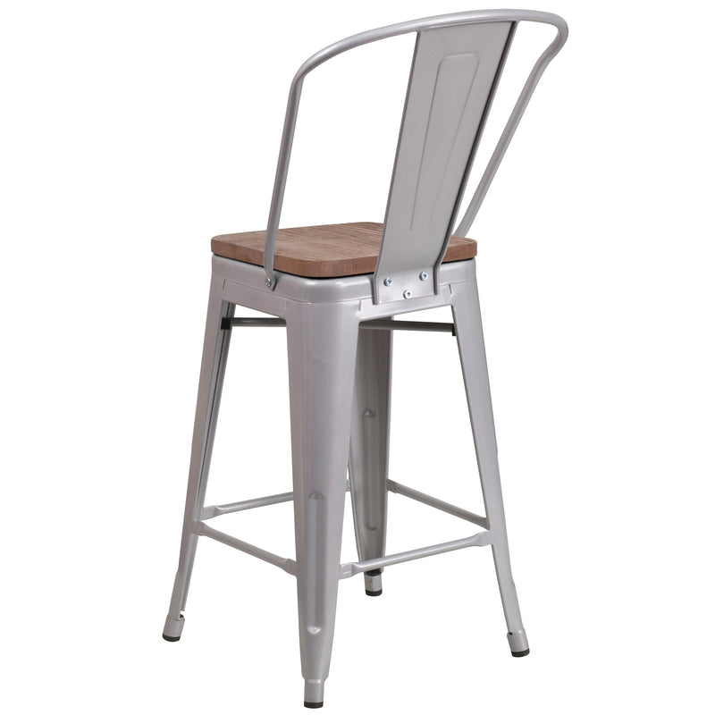 Donnely 24" Tall Metal Counter Height Dining Stool with Curved Slatted Back and Textured Wood Seat