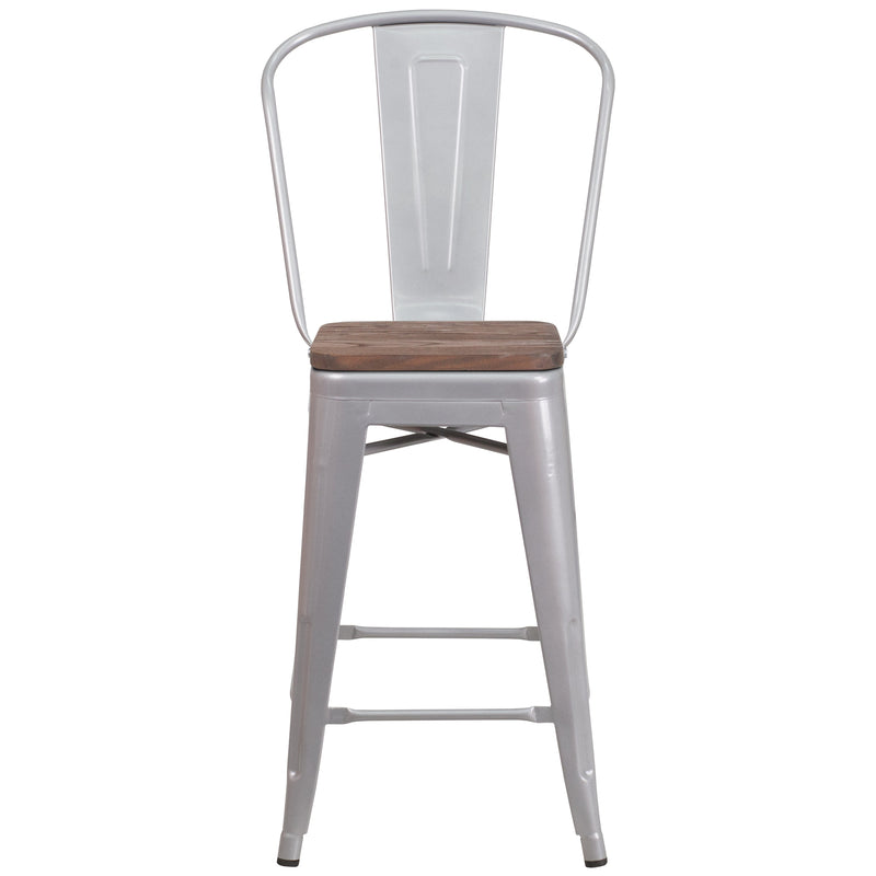 Donnely 24" Tall Metal Counter Height Dining Stool with Curved Slatted Back and Textured Wood Seat