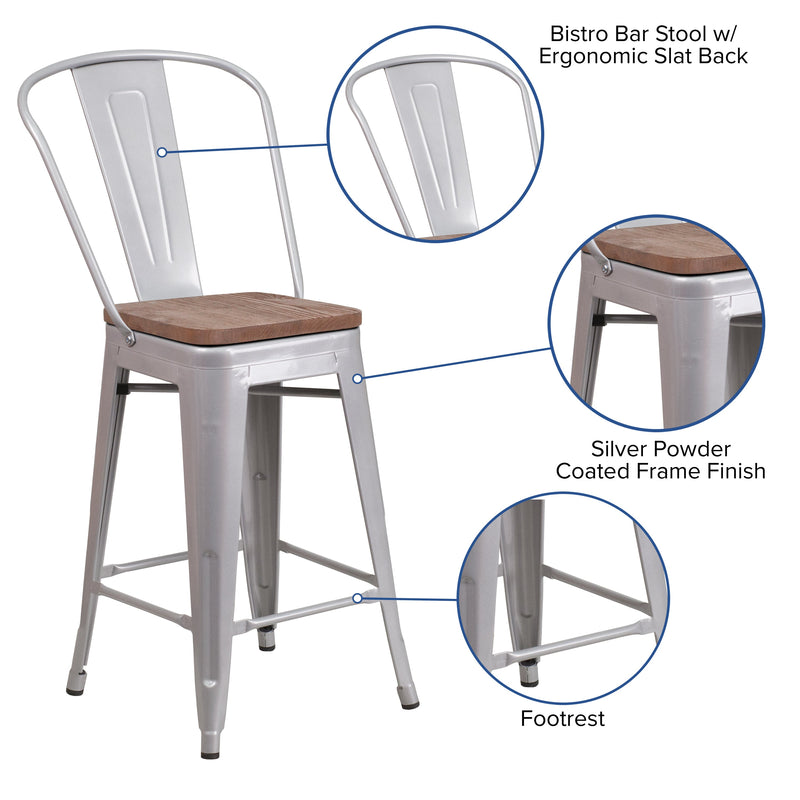 Donnely 24" Tall Metal Counter Height Dining Stool with Curved Slatted Back and Textured Wood Seat