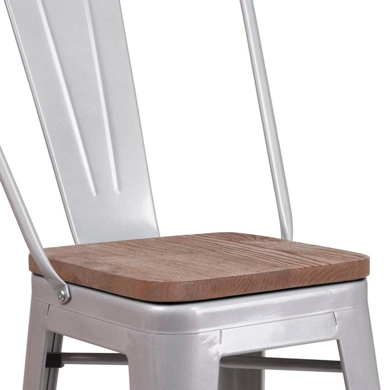 Donnely 24" Tall Metal Counter Height Dining Stool with Curved Slatted Back and Textured Wood Seat