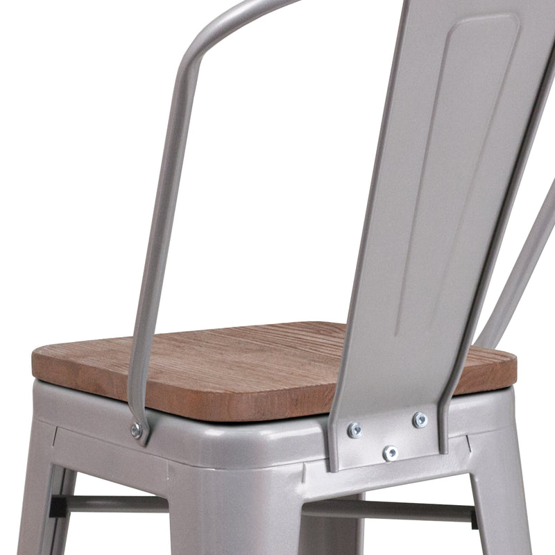 Donnely 24" Tall Metal Counter Height Dining Stool with Curved Slatted Back and Textured Wood Seat