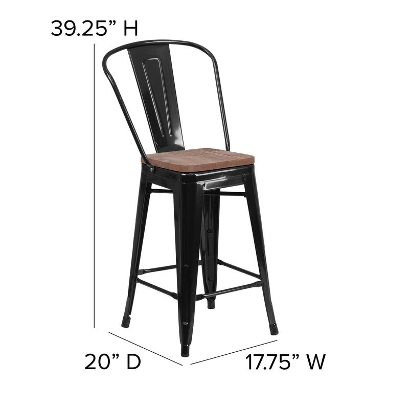 Donnely 24" Tall Metal Counter Height Dining Stool with Curved Slatted Back and Textured Wood Seat