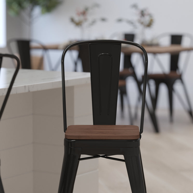 Donnely 24" Tall Metal Counter Height Dining Stool with Curved Slatted Back and Textured Wood Seat