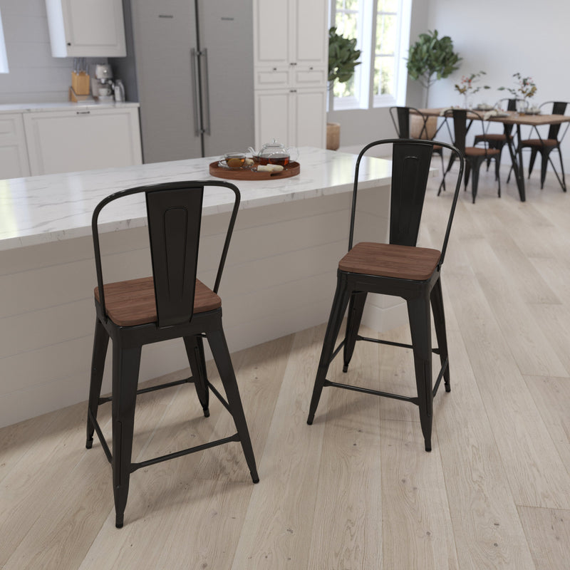 Donnely 24" Tall Metal Counter Height Dining Stool with Curved Slatted Back and Textured Wood Seat