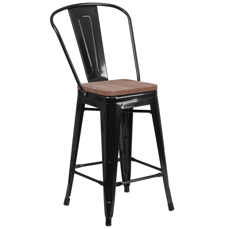 Donnely 24" Tall Metal Counter Height Dining Stool with Curved Slatted Back and Textured Wood Seat
