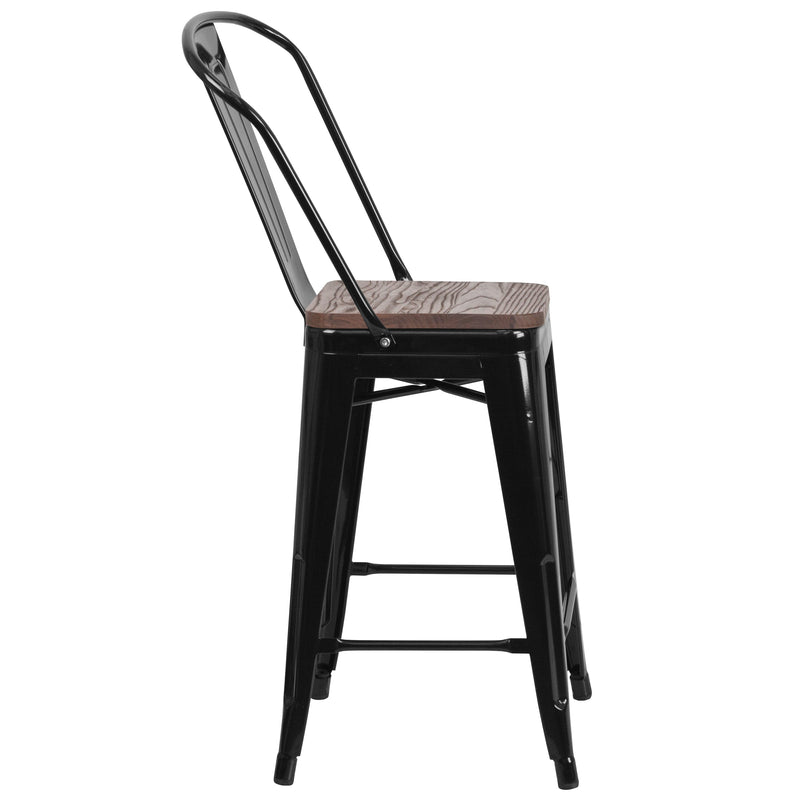 Donnely 24" Tall Metal Counter Height Dining Stool with Curved Slatted Back and Textured Wood Seat