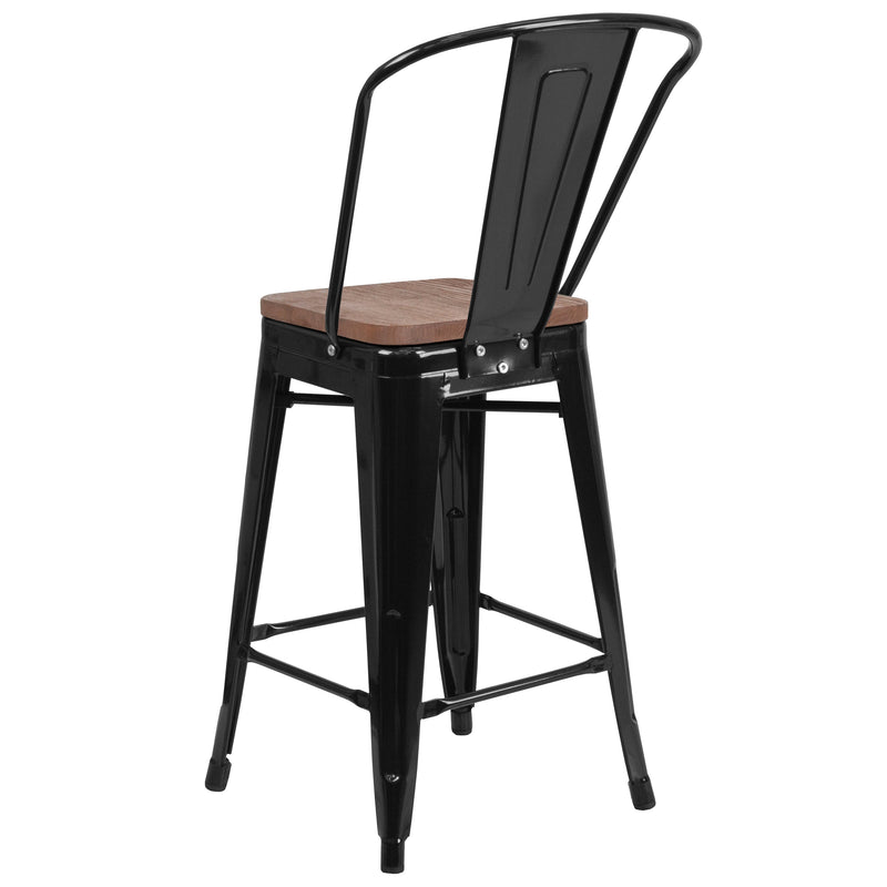 Donnely 24" Tall Metal Counter Height Dining Stool with Curved Slatted Back and Textured Wood Seat