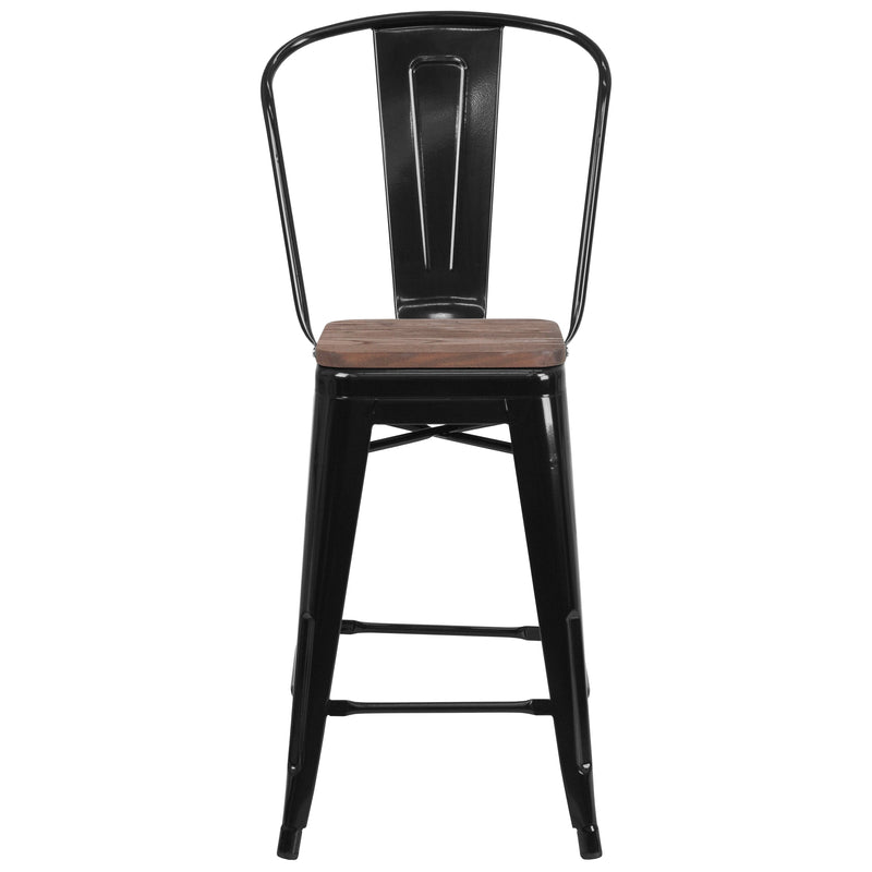 Donnely 24" Tall Metal Counter Height Dining Stool with Curved Slatted Back and Textured Wood Seat