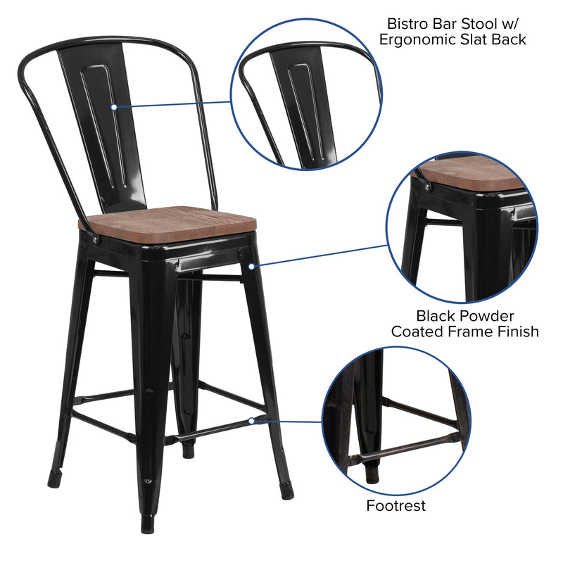 Donnely 24" Tall Metal Counter Height Dining Stool with Curved Slatted Back and Textured Wood Seat
