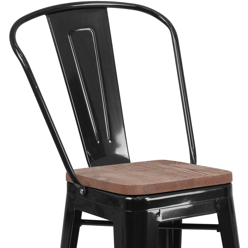 Donnely 24" Tall Metal Counter Height Dining Stool with Curved Slatted Back and Textured Wood Seat