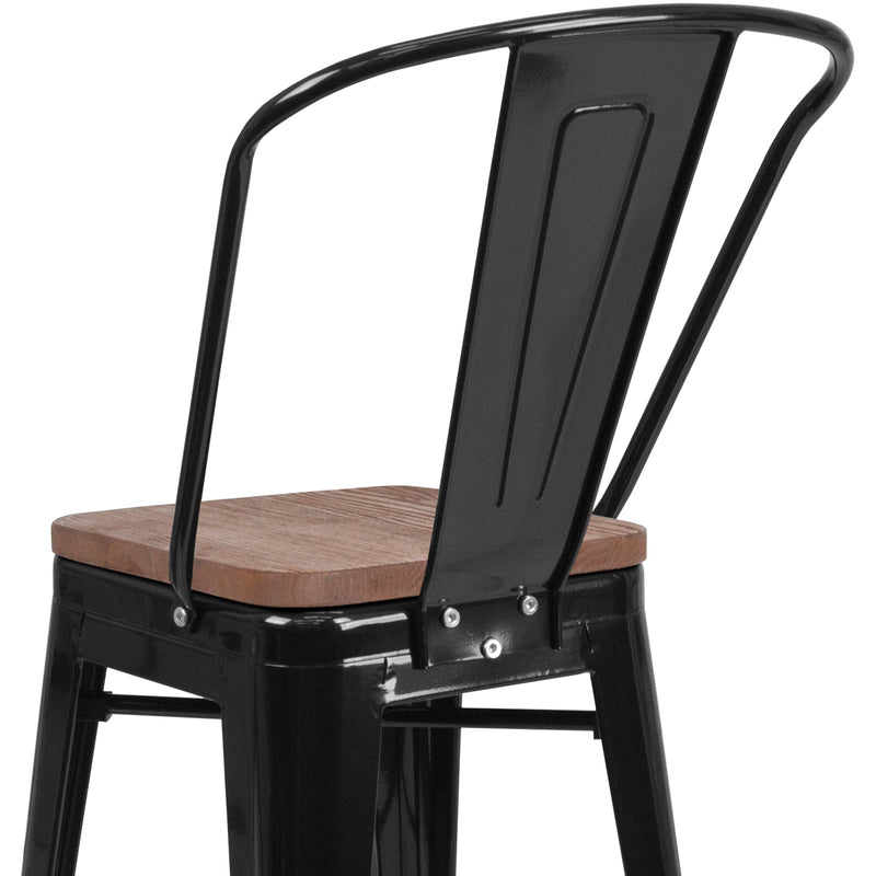 Donnely 24" Tall Metal Counter Height Dining Stool with Curved Slatted Back and Textured Wood Seat