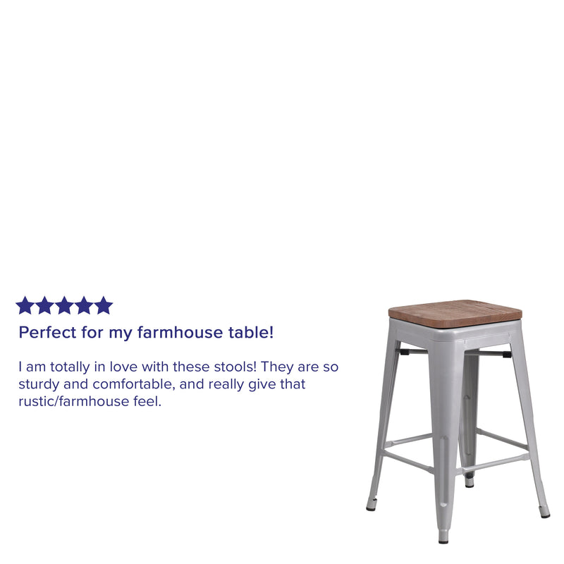 Dalton Series 24" High Backless Metal Counter Height Dining Stool with Wooden Seat for Indoor Use