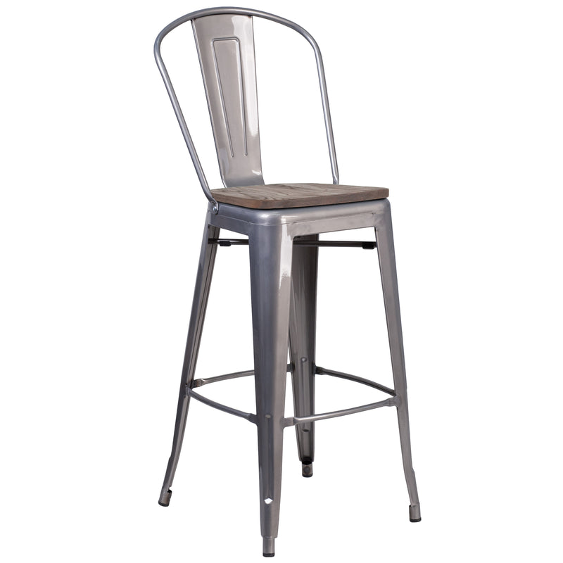 Vesemir Clear Coated 30" Bar Height Stool with Powder Coated Metal Frame and Textured Wooden Seat