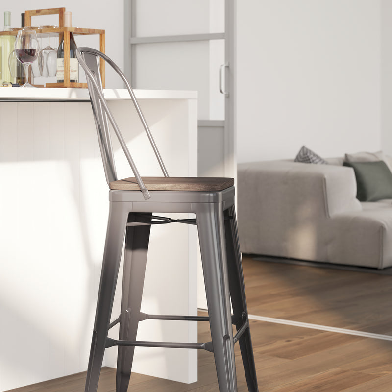 Vesemir Clear Coated 30" Bar Height Stool with Powder Coated Metal Frame and Textured Wooden Seat