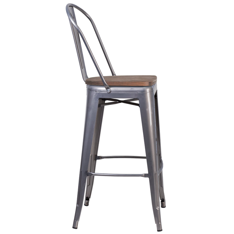Vesemir Clear Coated 30" Bar Height Stool with Powder Coated Metal Frame and Textured Wooden Seat