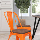 Amsterdam Red Metal Dining Chair With Curved Vertical Slatted Back And Textured Wooden Seat