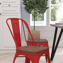 Amsterdam Red Metal Dining Chair With Curved Vertical Slatted Back And Textured Wooden Seat