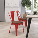 Amsterdam Red Metal Dining Chair With Curved Vertical Slatted Back And Textured Wooden Seat