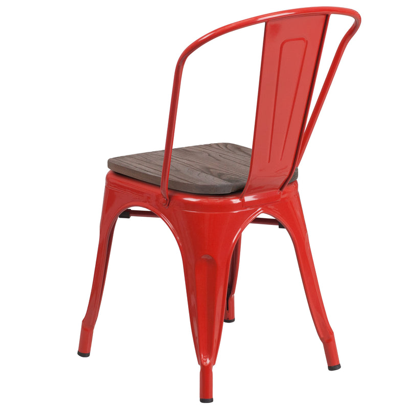 Amsterdam Red Metal Dining Chair With Curved Vertical Slatted Back And Textured Wooden Seat