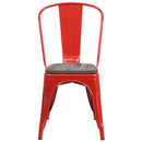 Amsterdam Red Metal Dining Chair With Curved Vertical Slatted Back And Textured Wooden Seat