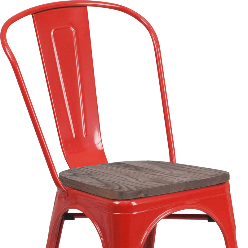 Amsterdam Red Metal Dining Chair With Curved Vertical Slatted Back And Textured Wooden Seat