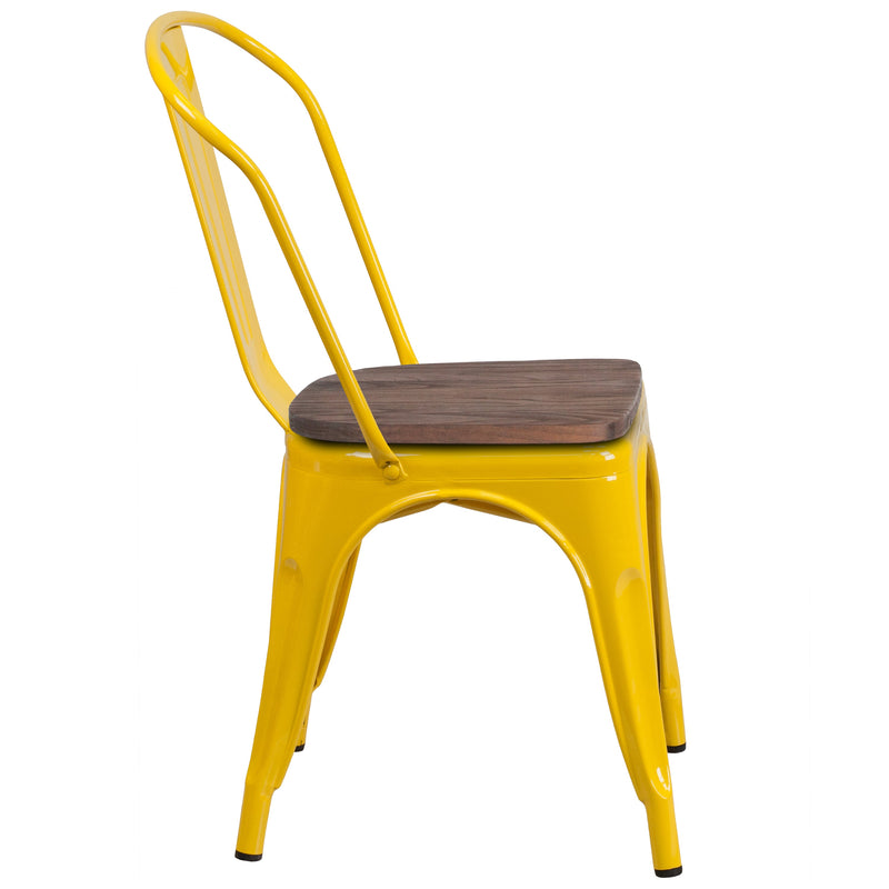 Amsterdam Metal Dining Chair With Curved Vertical Slatted Back And Textured Wooden Seat