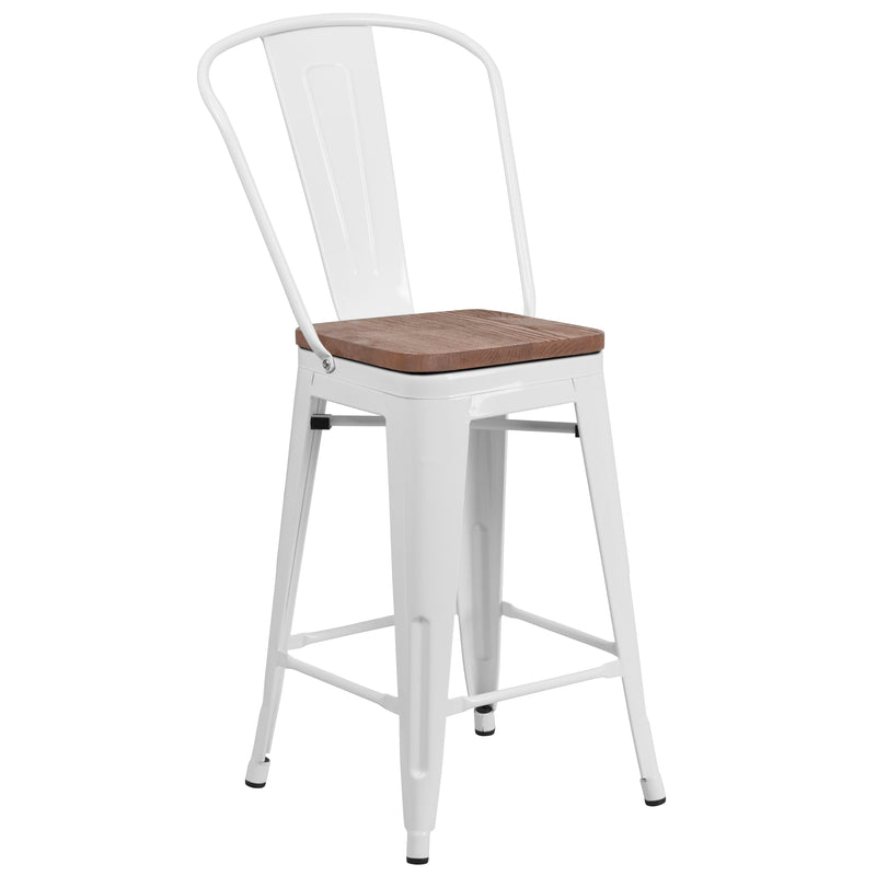 Donnely 24" Tall Metal Counter Height Dining Stool with Curved Slatted Back and Textured Wood Seat