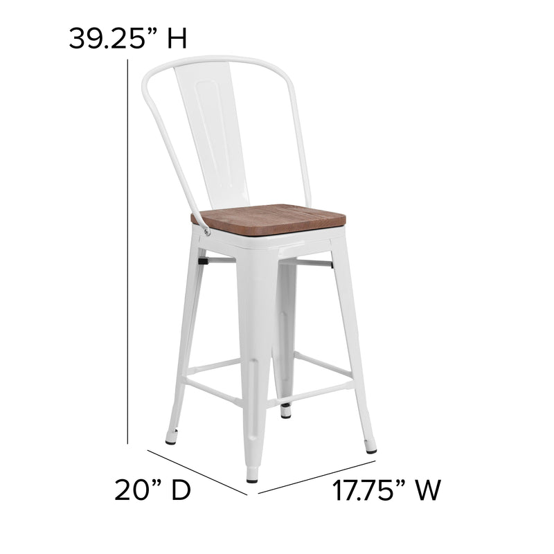 Donnely 24" Tall Metal Counter Height Dining Stool with Curved Slatted Back and Textured Wood Seat