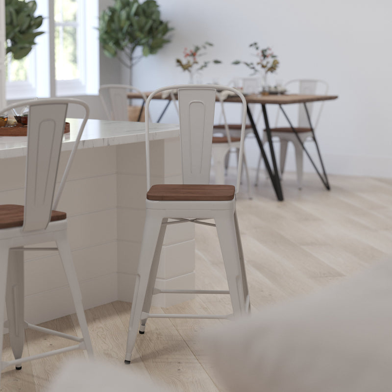 Donnely 24" Tall Metal Counter Height Dining Stool with Curved Slatted Back and Textured Wood Seat