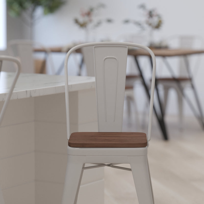 Donnely 24" Tall Metal Counter Height Dining Stool with Curved Slatted Back and Textured Wood Seat