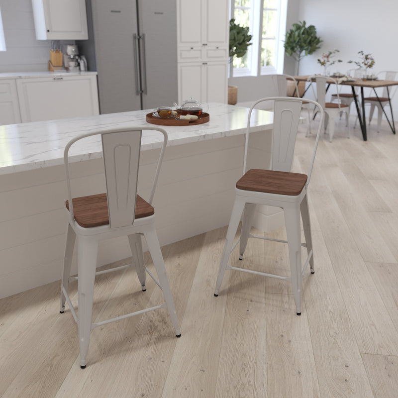 Donnely 24" Tall Metal Counter Height Dining Stool with Curved Slatted Back and Textured Wood Seat