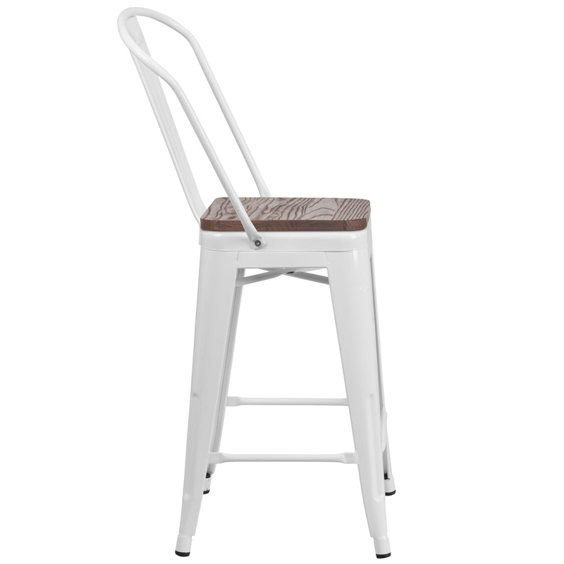 Donnely 24" Tall Metal Counter Height Dining Stool with Curved Slatted Back and Textured Wood Seat